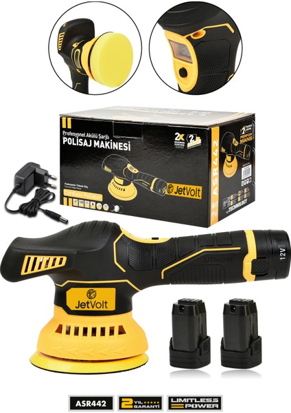 Jetvolt 12V Orbital 8 Kademli Cila Pasta Parlatma Polisaj Makinesi Sarı