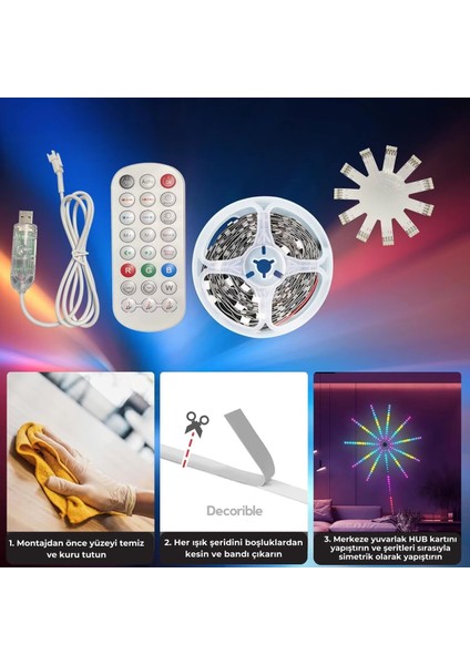 Hawaii Rgb LED Şerit Kumandalı USB Bluetooth Telefon Kontrollü Ses Etkileşimli Dekoratif Aydınlatma