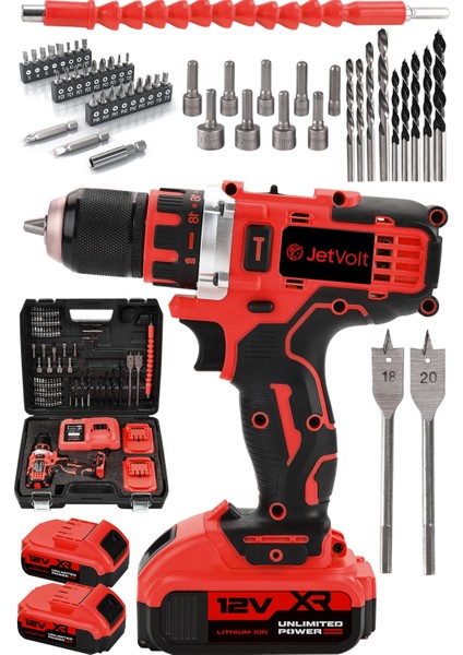 Jetvolt 12V 2.0AH Şarjlı Matkap Metal Şanzıman Bakır Sargılı Çift Akülü 84 Parça Set - Kırmızı