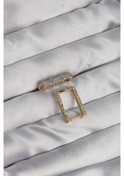 Pirinç Gold Renk Zirkon Taşlı Dikdörtgen Model Seranay Küpe - Lisinya