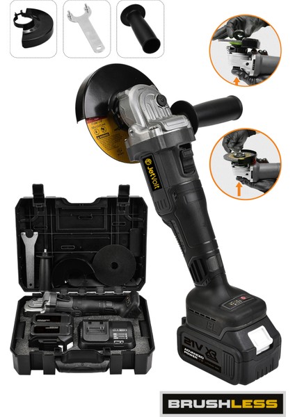 Jetvolt Profesyonel 21V 2.0AH Çift Akülü 10 Pilli 125MM Kömürsüz Şarjlı Taşlama - Siyah