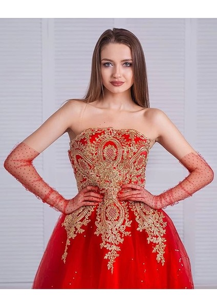 Uzun Boy Kırmızı Puantiyeli Kırmızı Renk Yetişkin Tül Eldiven 55 cm - Lisinya