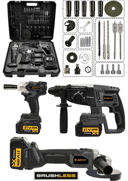 Jetvolt 21V 2.0AH 3 Lü Set Şarjlı Matkap Hilti 2-26MM 450NM Torklu Vidalama Somun Sıkma Şarjlı Taşlama 125MM - Siyah