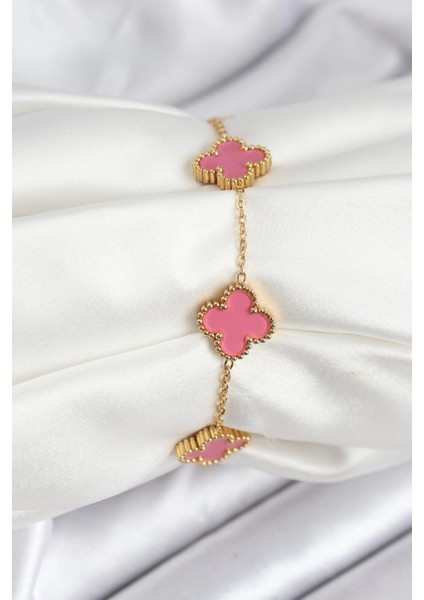 316L Çelik Gold Zincir Pembe Yonca Renk Bileklik - TJ-BB7908