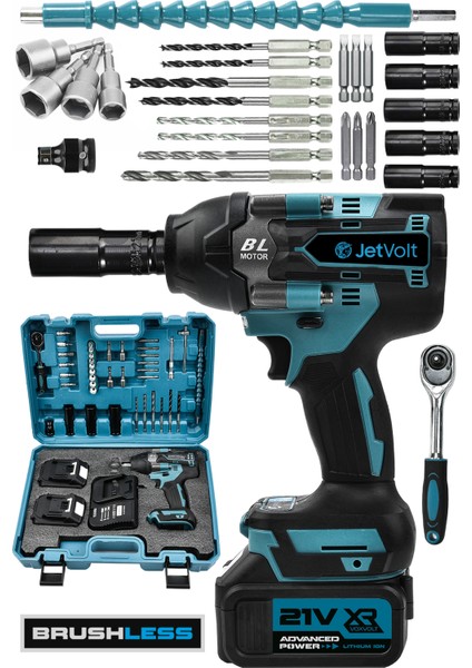 Jetvolt 21V 2.0AH Akülü Vidalama Darbeli Kömürsüz Motor 800NM 10 Pilli Bijon Somun Sökme Sıkma - Mavi