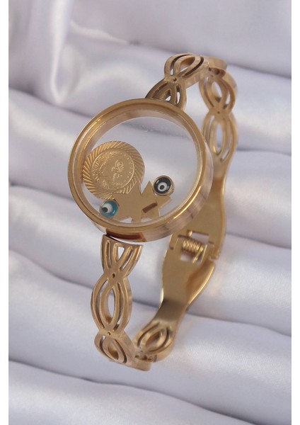 316L Çelik Altın Renk Içi Nazar Boncuk ve Yıldız Figürlü Açılabilir Fanus Kelepçe - Lisinya modelleri