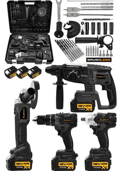 Jetvolt Profesyonel 4'lü Set Şarjlı 2-26 Kırıcı Delici HILTI+125MM TAŞLAMA+450NM Somun SÖKME+13MM Darbeli Matkap - Siyah