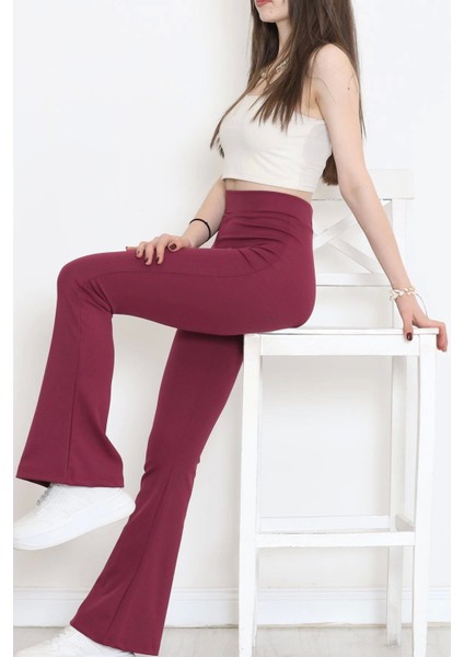 Şık ve Rahat Yüksek Bel Ispanyol Paça Fitilli Toparlayıcı Mürdüm Tayt ( Lisinya ) indirimleri