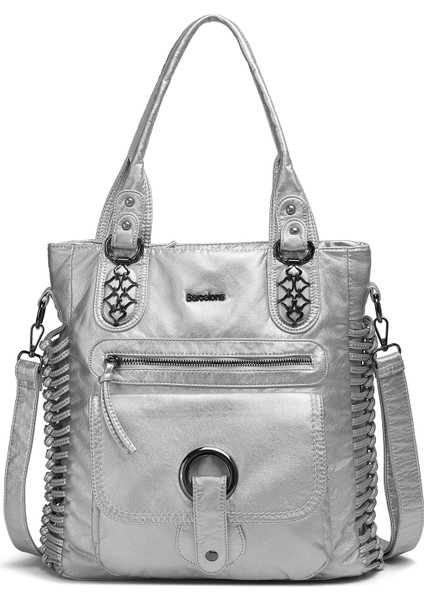 Barcelona Günlük Büyük ve Çok Cepli Kadın Omuz Çantası Uzun Askılı 1822 Platin