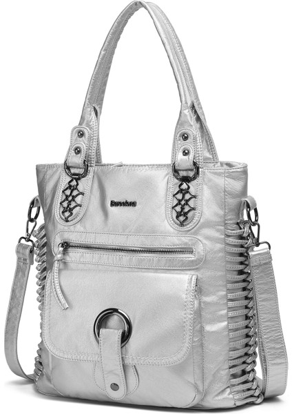 Barcelona Günlük Büyük ve Çok Cepli Kadın Omuz Çantası Uzun Askılı 1822 Platin fiyatları