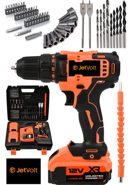 Jetvolt 12V 1.5AH Metal Şanzuman Çift Akülü 84 Parça Şarjlı Matkap Akülü Vidalama - Turuncu