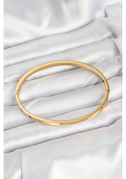 316L Çelik Gold Renk Zirkon Taşlı 65 mm Ince Kadın Kelepçe Bileklik - Lisinya
