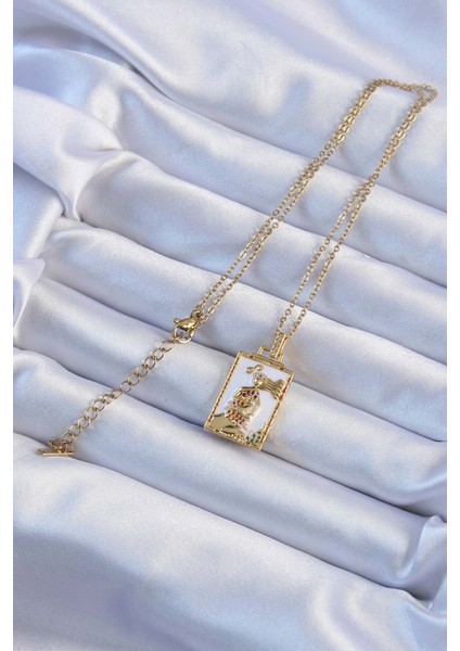 316L Çelik Zincir Altın Renk Beyaz Mineli Tarot Kolye - Lisinya