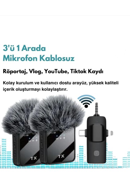 Yüksek Kalite Profesyonel 3 In 1 Kablosuz Taşınabilir Yaka Mikrofonu Tüylü - Lisinya modelleri
