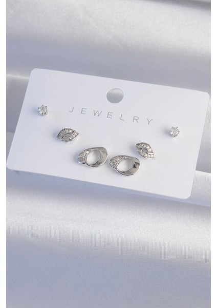 Pirinç Gümüş Renk Zirkon Taşlı Yaprak Model Küpe Seti - Lisinya