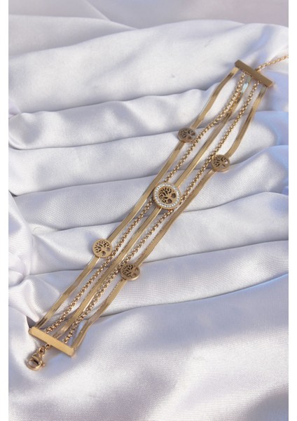 316L Çelik Gold Renk Italyan Zincir Detaylı Zirkon Taşlı Yaşam Ağacı Tasarımlı Çoklu Bileklik - Lisinya fiyatları