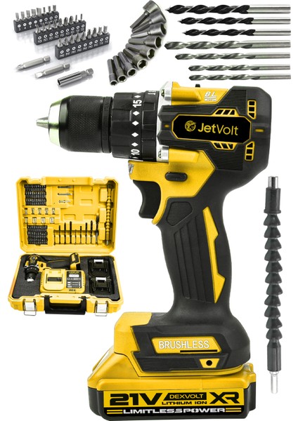 Jetvolt 21V 2.0AH Kömürsüz Motor Çelik Mandren Darbeli Şarjlı Matkap Akülü Vidalama - Siyah