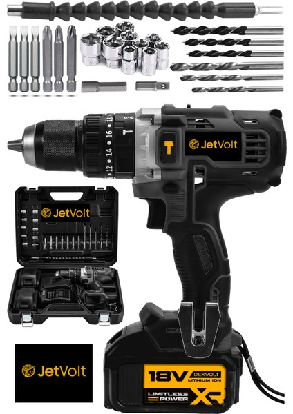 Jetvolt 18V Metal Şanzıman Çift Akülü Şarjlı Darbeli Matkap 24 Parça - Siyah