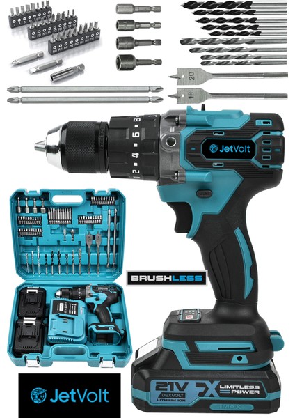 Jetvolt 21V Çelik Mandren Kömürsüz Motor Darbeli Şarjlı Matkap - Mavi