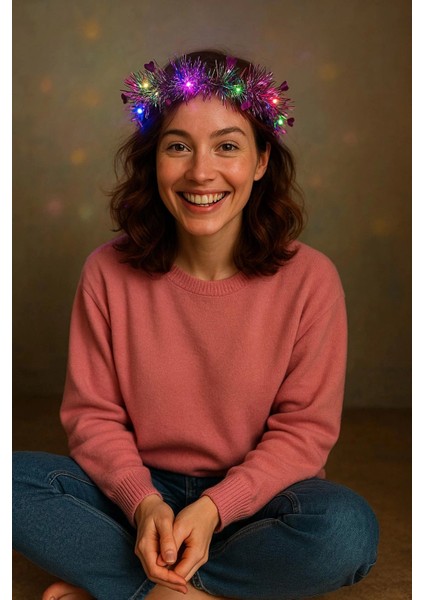 Kalp Püsküllü Gece Parıltısı 3 Modlu LED39LI Işıklı Taç Fuşya Renk - Lisinya