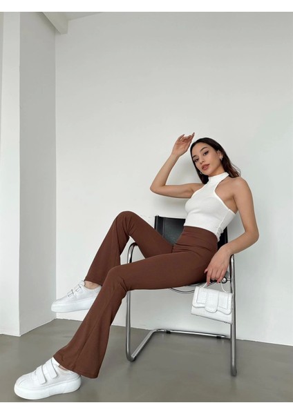 Şık ve Rahat Yüksek Bel Ispanyol Paça Fitilli Toparlayıcı Kahverengi Tayt ( Lisinya ) fiyatları