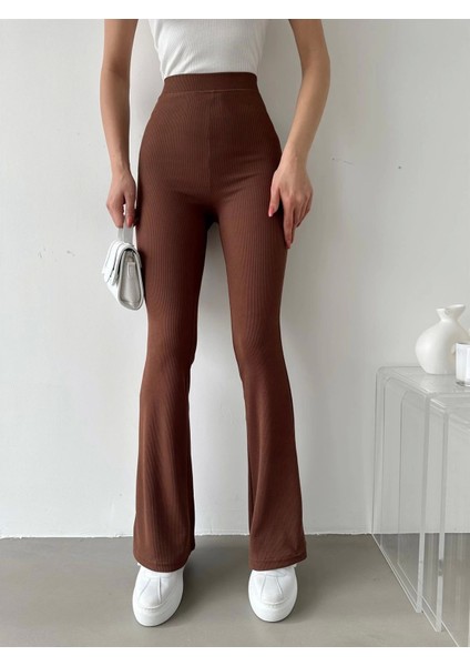 Şık ve Rahat Yüksek Bel Ispanyol Paça Fitilli Toparlayıcı Kahverengi Tayt ( Lisinya ) fırsatları