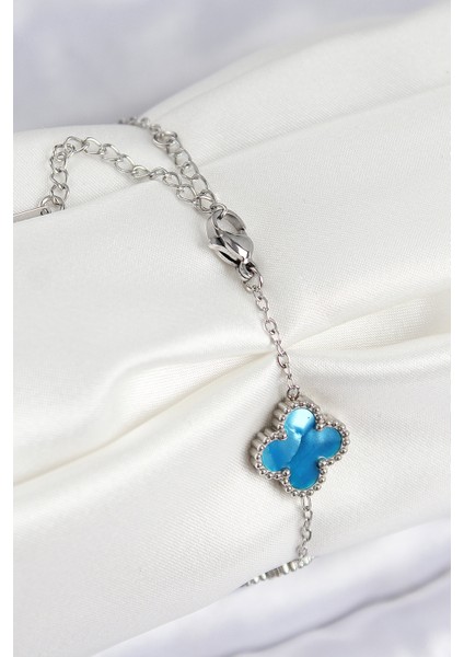 316L Çelik Sedefli Gökyüzü Mavisi Gümüş Renk Yonca Kadın Bileklik - Lisinya