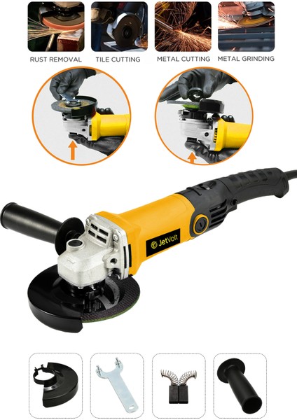 Jetvolt Profesyonel 1200W Avuç Taşlama Makinesi 125MM 6 Kademeli Uzun Kuyruk - Sarı