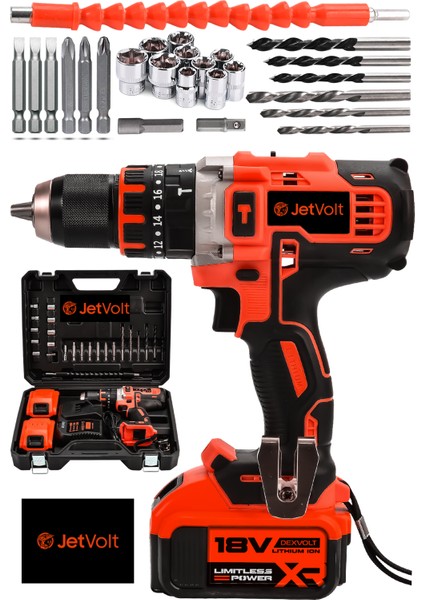 Jetvolt 18V Metal Şanzıman Çift Akülü Şarjlı Darbeli Matkap 24 Parça - Kırmızı