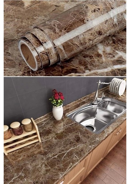 Mermer Desenli Masa Tezgah Mutfak Su Geçirmez Yapışkanlı Folyo Sticker Kahverengi 5x0,6m ( Lisinya ) fırsatları