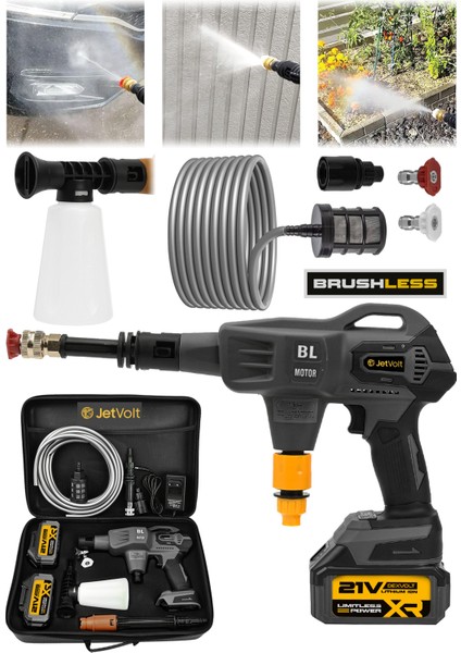 Jetvolt 21V Kömürsüz Motor Yüksek Basınçlı Akülü Oto Araba Yıkama Makinesi Şarjlı - Siyah