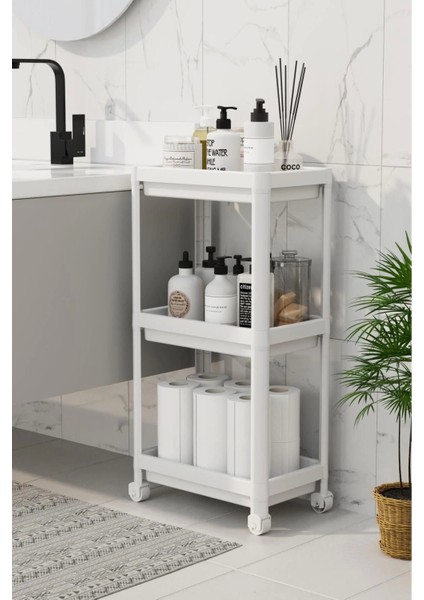 3 Katlı Banyo Raf Ünitesi (Peggy) Beyaz Banyo Düzenleyici Şampuanlık Havluluk Dolap(Beyaz)