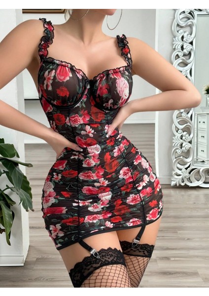 Kırmızı Çiçek Aksesuarlı Romantik Kadın Gecelik( Çoraplar Dahil Değildir ) fiyatları