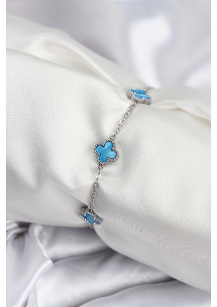 316L Çelik Gümüş Renk Buz Mavisi Baby Boy Yonca Kadın Bileklik - TJ-BB7949