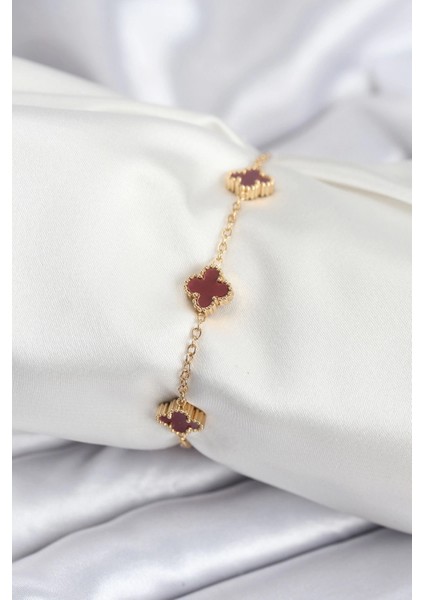 316L Çelik Gold Renk Bordo Baby Boy Yonca Kadın Bileklik - TJ-BB7950