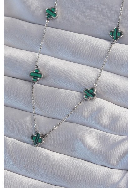 316L Çelik Gümüş Renk Minimal Yeşil Mineli Yonca Kolye - TJ-BKO8999