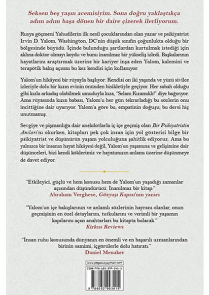 Irvin D. Yalom'un Bir Psikiyatristin Anıları - Pegasus Yayınları Normal Boy Cilt Türkçe fiyatları