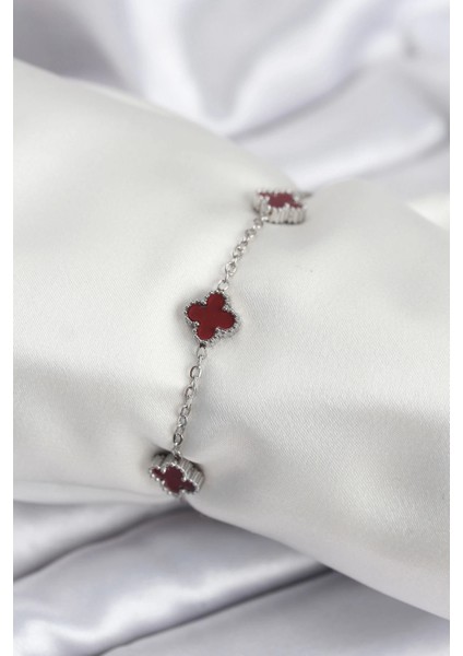 316L Çelik Gümüş Renk Bordo Baby Boy Yonca Kadın Bileklik - TJ-BB7951