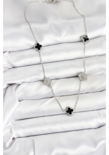 316L Çelik Zincir Gümüş Renk Siyah ve Zirkon Taşlı Baby Boy Yonca Kadın Kolye - TJ-BKO10591 fiyatları