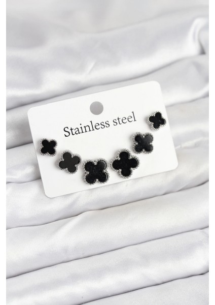 316L Çelik Gümüş Siyah Renk 3 Boy Yonca Küpe Seti - TJ-BKP11234