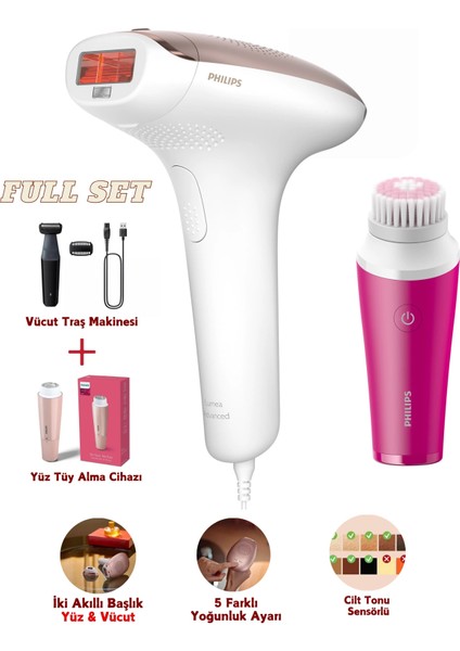 Lumea Ipl Tüy Alma Cihazı, Çantalı, Yüz Temizleme Cihazı Hediyeli + Tıraş Makinesi + Tüy Alma Cihazı, Yüz/vücut/hassas Bölge Kullanımı, Cilt Tonu Sensörü ile Güvenli Epilasyon + Tartı (Onerous)