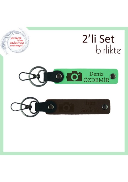 Fotoğraf Makinesi Desenli Mezuniyet Armağanı, Yazılabilir Kişisel Deri Set, Fıstık Yeşil-Koyu Kahve