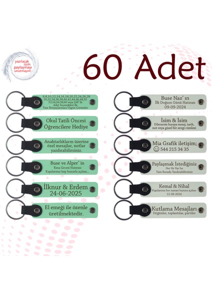 Yeşil & Beyaz, Toplumsal Etkinliklere Katkı Hediyesi, 60’lı Set, Kişiye Özgü Yazılı Deri Anahtarlık