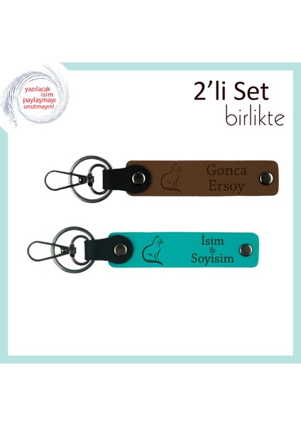 Patili Stil Sahiplerine, Kedili Tasarım, Kişisel Yazılı Anahtarlık Hediyesi, Açık Kahve-Koyu Turkuaz