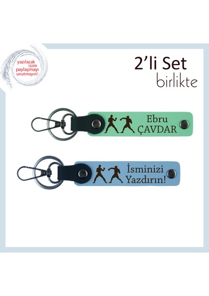 Dayanıklılığın Simgesi, Boks Temalı, Kişisel Yazılı 2’li Deri Anahtarlık Hediyesi, Açık Yeşil-G Mavi