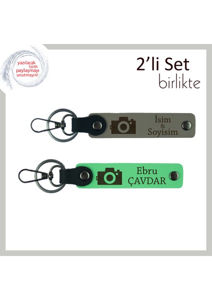 Fotoğrafçının Ruhu Taşınsın, Kamera Temalı Kişisel 2’li Anahtarlık Seti, Kül Gri-Fıstık Yeşil