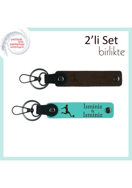 Futbol Figürlü Deri Anahtarlık Takımı, Kız Sporcuya Özel Hediyelik Anahtarlık, Koyu Kahve-Turkuaz