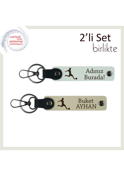 Futbol Topuna Vuran Figürle Hazırlanmış Yazı Eklenebilir Anahtarlık Set, Beyaz-Sütlü Kahve