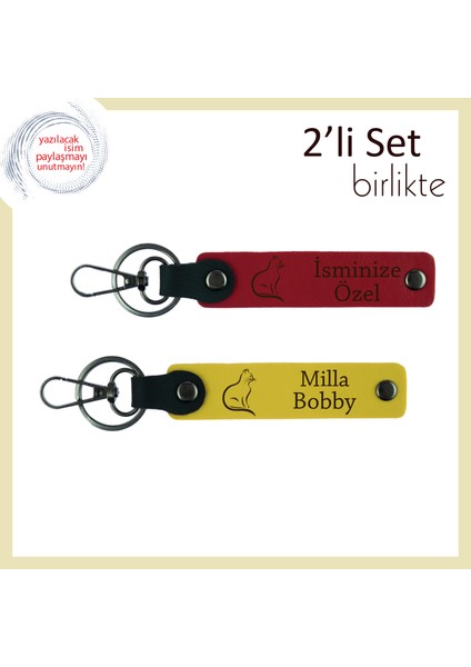 Evdeki En Sevimli Bireye Hediye, Kedili Temalı, Kişisel Anahtarlık, Kırmızı-Sarı