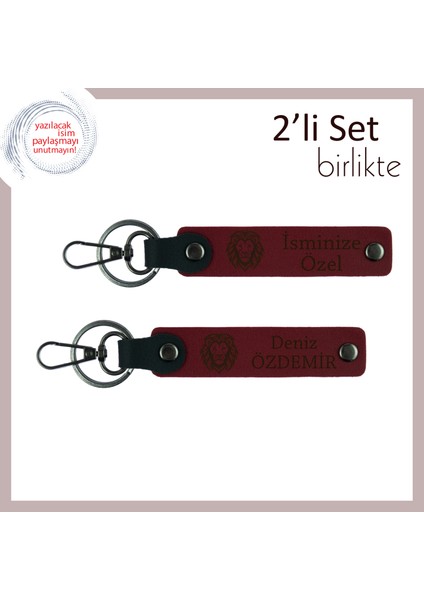 Kişiye Özel Isim Yazılı Kaplan Başlı Deri Anahtarlık, Sevgiliye Anlamlı Hediye Seçeneği, Bordo-Bordo
